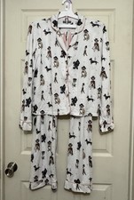 PJ Salvage Curious Dog Print Pajamas Set Women  s Large L NWOT White
