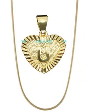 Unisex Real 18K Gold Filled Tarnish-Free Letter "U" Heart Pendant Necklace Set