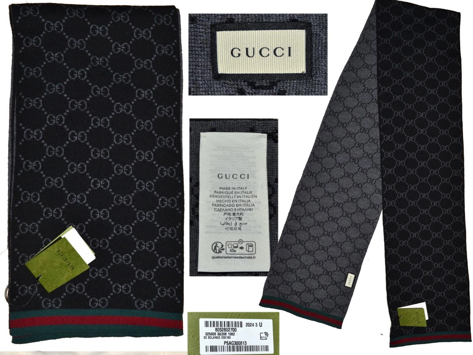 Foulard unisexe GUCCI 100% laine fabriqué en Italie en magasin os GU01 T1P