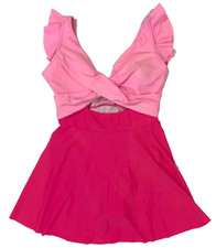 Color Block One-Piece Swimsuit LARGE Pink Ruffle Cutout Swimdress V Neck 2 tone