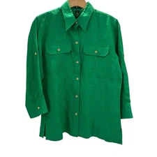 Lauren Ralph Lauren Linen Green Button-up 3/4 Sleeve Roll Tab Top Size M