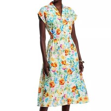 T Tahari Smocked Waist Floral Print Sky Garden V Neck A Line Dress Womens XL NWT