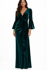 Emerald Green Velvet Evening Gown Dress Size 6 Long Sleeve Ruched Formal