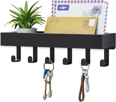 Key Holder Wall Mount with Hooks & Shelf, Adhesive Magnetic Key Rack Black