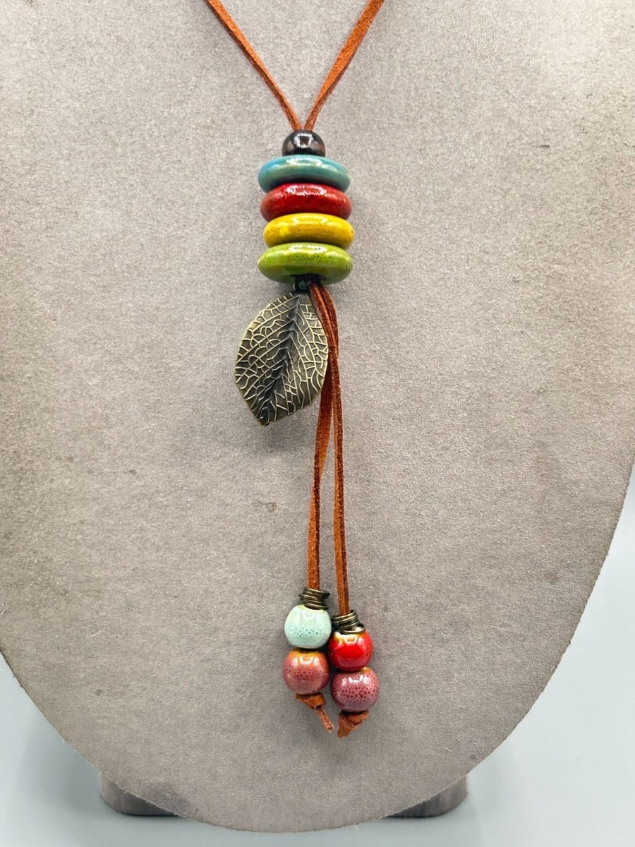 Earthy Colorful Necklace Ceramic Beads Leather Cord Simple Boho Jewelry View 5