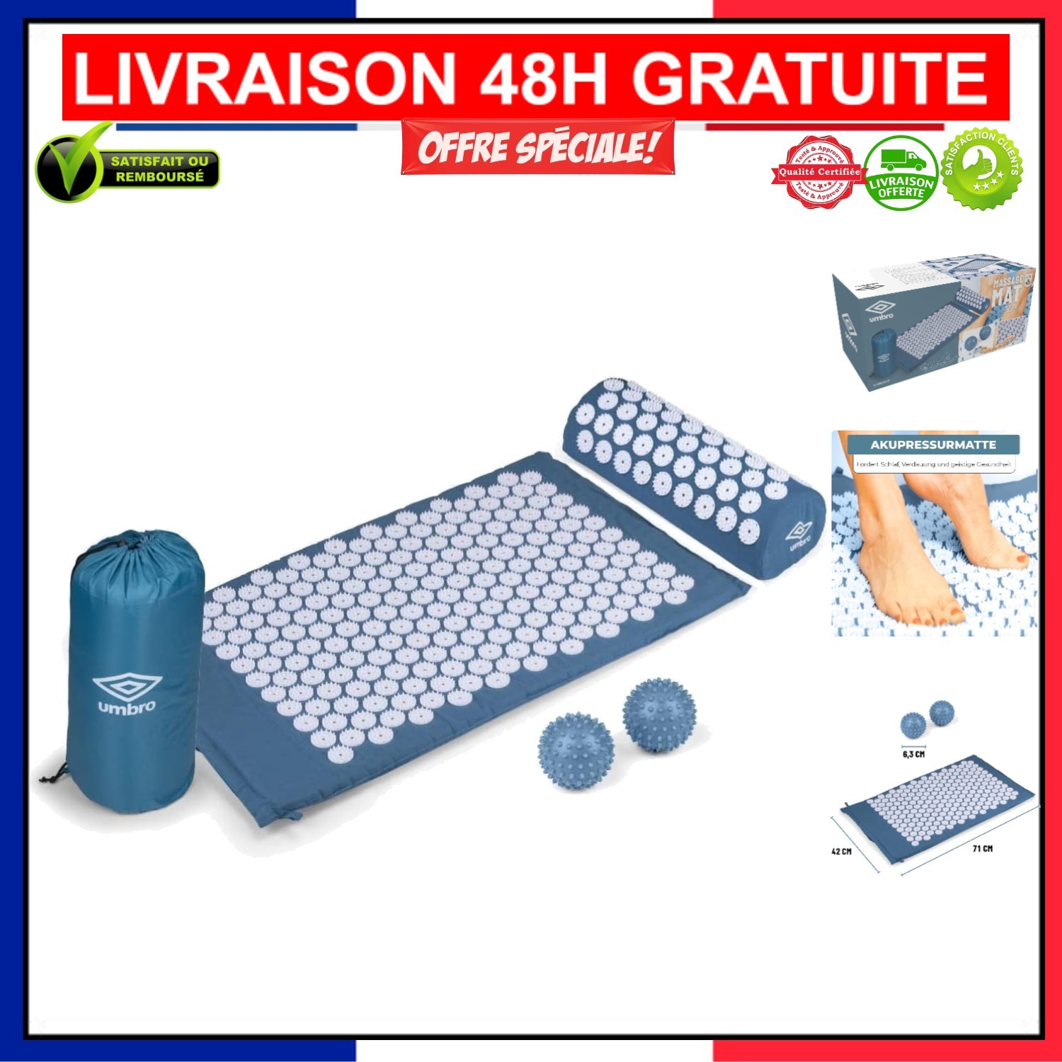 Tapis acupression Umbro soulagement du dos et relaxation musculaire