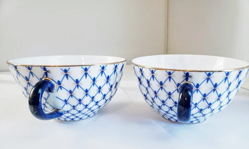 2 Russian Lomonosov Porcelain Hand Decorated Cobalt Net Tulip Flat Cups 2¼" 8ozs