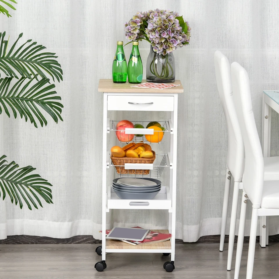 HOMCOM Mobile Rolling Kitchen Island Trolley for Home Metal Baskets Tray Shelves - Image 2 of 4