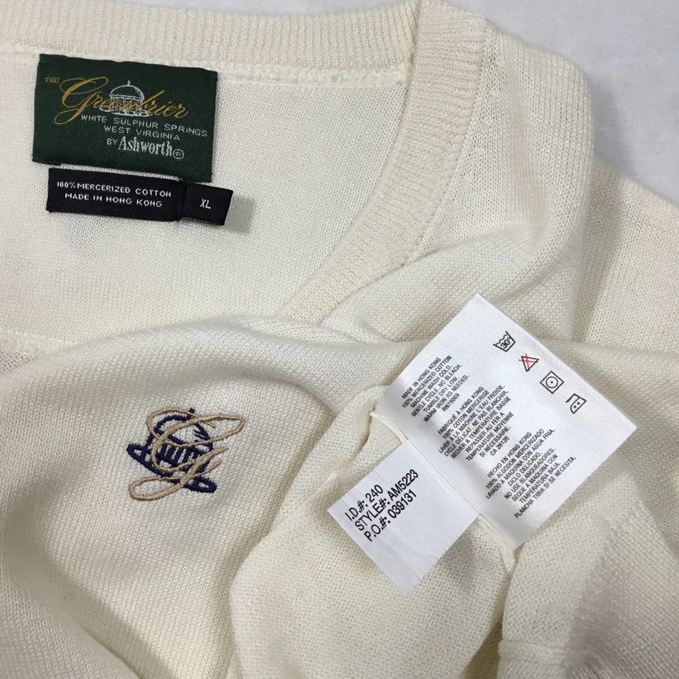 Винтажный мужской свитер Ashworth XL кремовый вязаный пуловер с V-образным вырезом Greenbrier Golf Flaw - Изображение 3 из 4