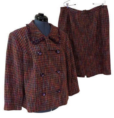 VTG Talbots Rainbow Boucle Tweed Double Breasted Jacket Skirt 18W Old Money  Suit