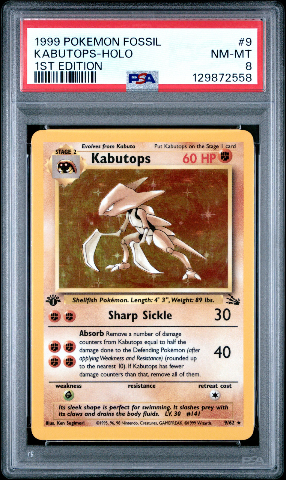 1999 Pokemon Fossil 1st Edition Kabutops-Holo 8 PSA #9