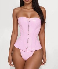 2 piece pink strapless lace-up closure underwired support leather corset set