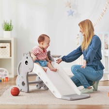 Kids Slide with Climber and Basketball Hoop, 3-in-1 Baby Slide, Gray