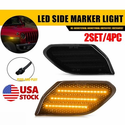 4PC For 2018-on Jeep Wrangler JL Smoked Lens Front Side Marker Lights Amber LED