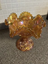 IMPERIAL MARIGOLD CARNIVAL GLASS FRUIT PUNCH BOWL WITH BASE TWINS