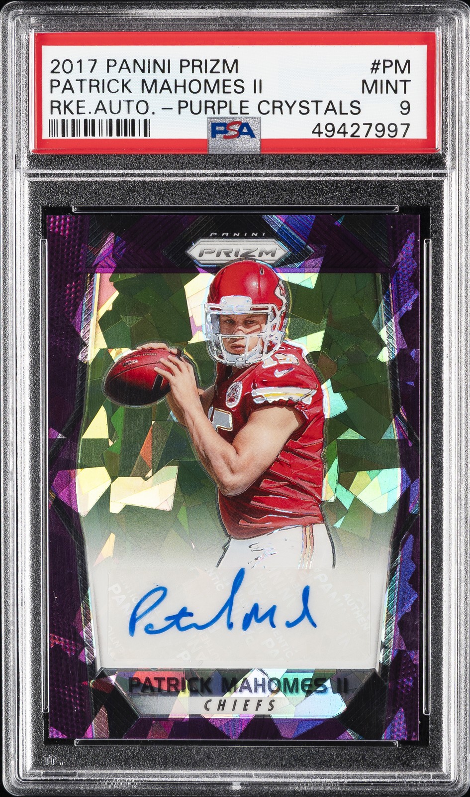 2017 PANINI PRIZM ROOKIE AUTO PURPLE CRYSTAL PATRICK MAHOMES II JSY# 15/75 PSA 9