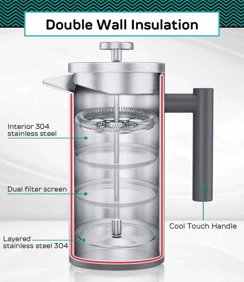 Cafetera prensa francesa - 34 oz doble aislamiento acero inoxidable cafetera plus... Foto 3 de 4