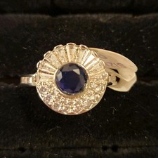 Silver Ring Blue Round Sapphire Halo Setting Clear Accents Fashion Jewelry