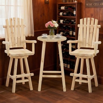 3-Piece Patio Wood Pub Table & Swivel Log Bar Chair Set Rustic Bar Furniture Set
