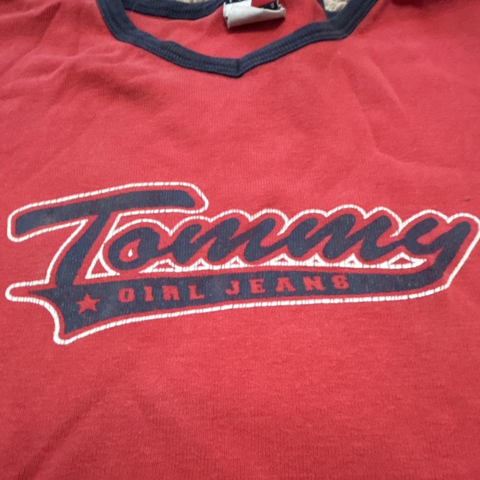 Tommy Jeans Girls Red V Neck Short Sleeve T-Shirt Size S Logo Casual image 3