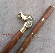 Solid Horse Handmade Handle Brass Vintage Wooden Inlay Walking Cane Stick Gift