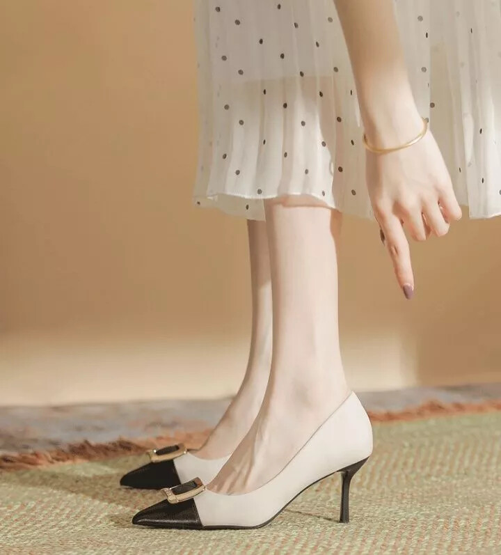Zapatos de Salón Mujer 7.5CM Negro Bicolor Elegantes Piel Sintético 50673