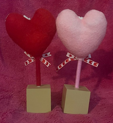 Kiss Me and Love 8.5” Tall Valentines Day Wood and Plush Heart Trees Set NEW! - Picture 2 of 9