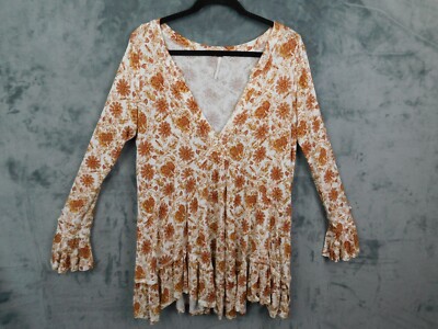 Free People Tunic Small Tan Olivia Floral Ruffle Flutter Boho Cottage Coastal