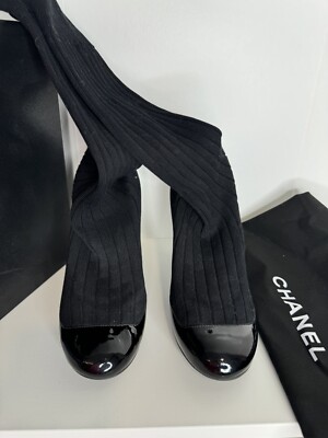 CHANEL ソックスブーツ　37 Chanel Black Patent Leather Heel Sock Legwarmer Boots 37 | eBay