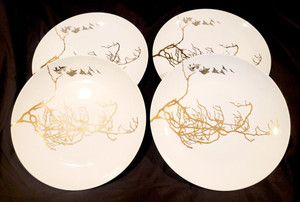 CASKÃTA Set 4 Birds & Branches Dinner Plates White with Gold Design 12" NEW