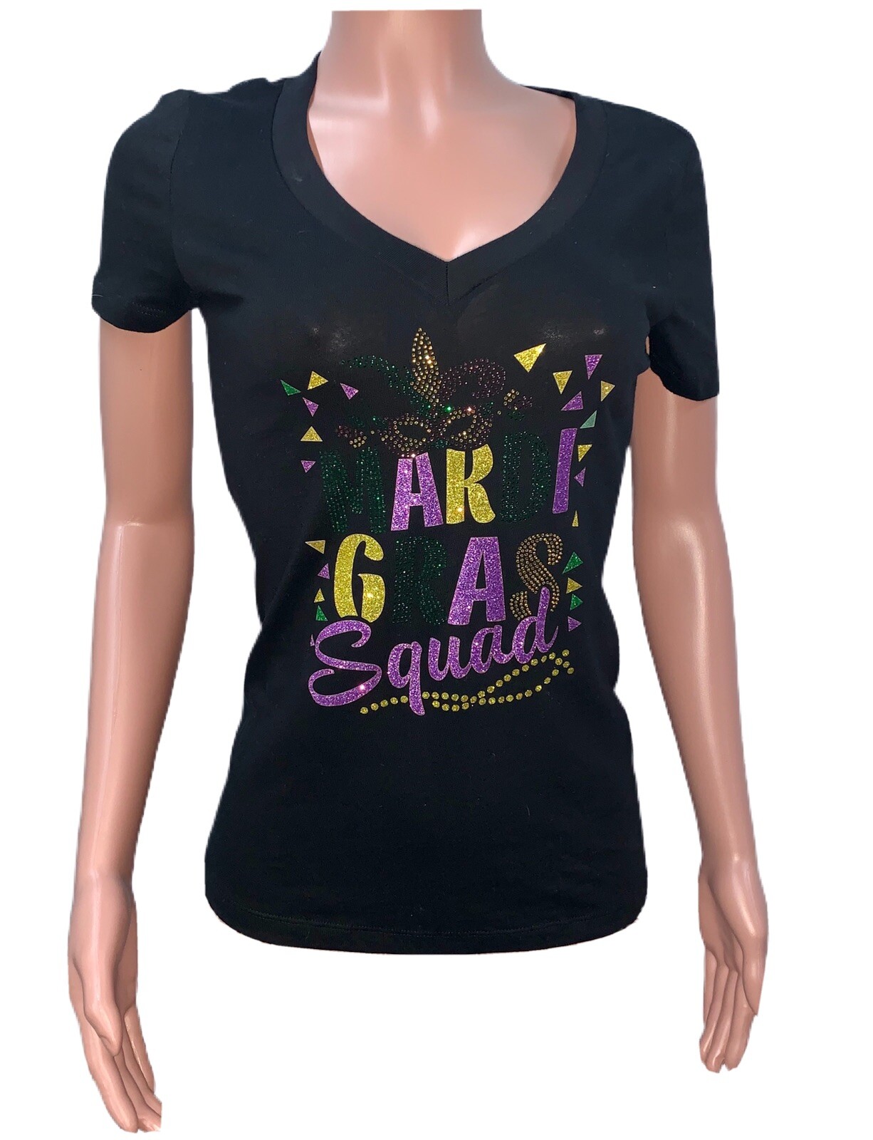 Sexy Black V-neck S/s Mardi Gras Squad Fitted t-shirt Low Cut Top New ...
