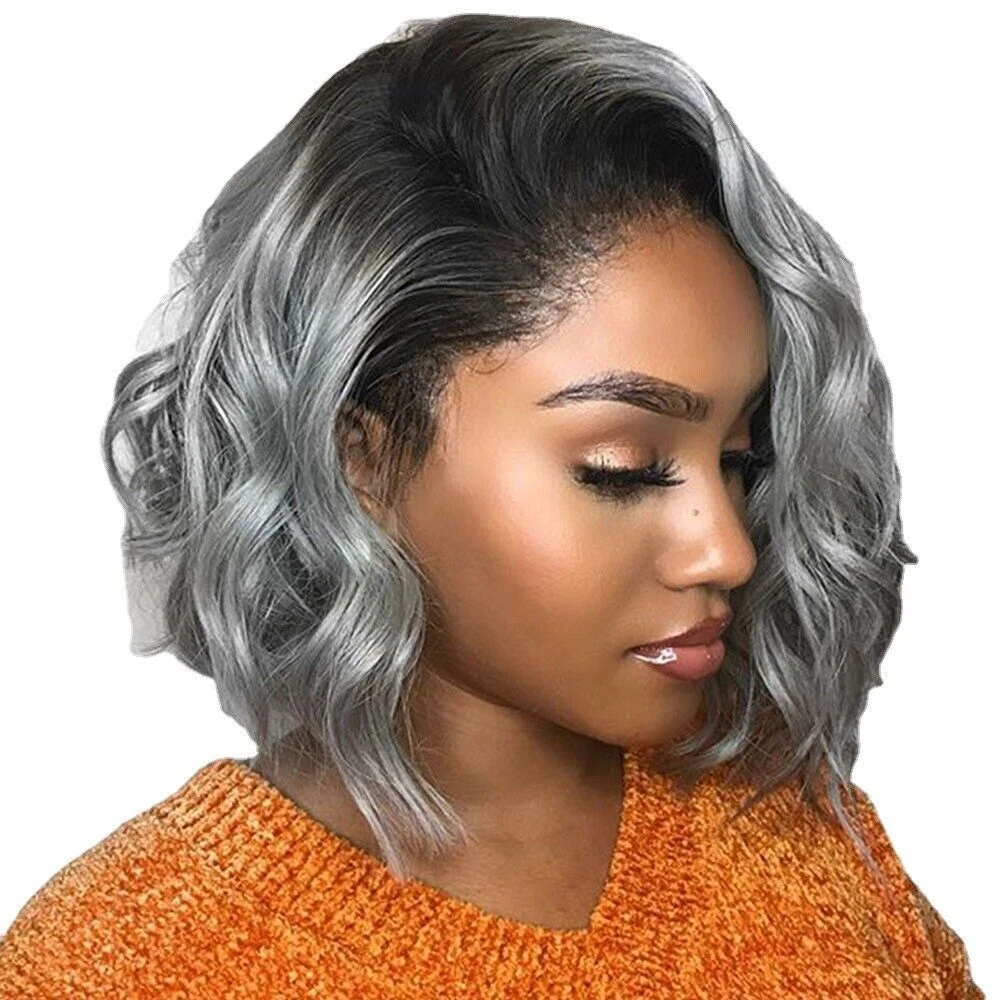 Gray Short Bob Lace Front Human Hair Wigs Black Women Body Wave
