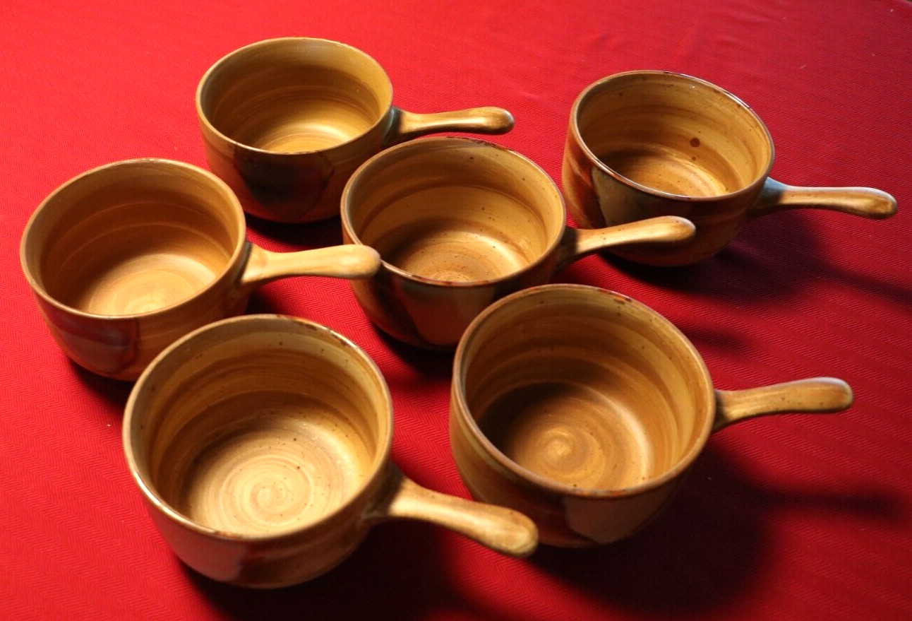 SANGO SPLASH 4951 BROWN 6 SOUP BOWLS WITH HANDLES NEW