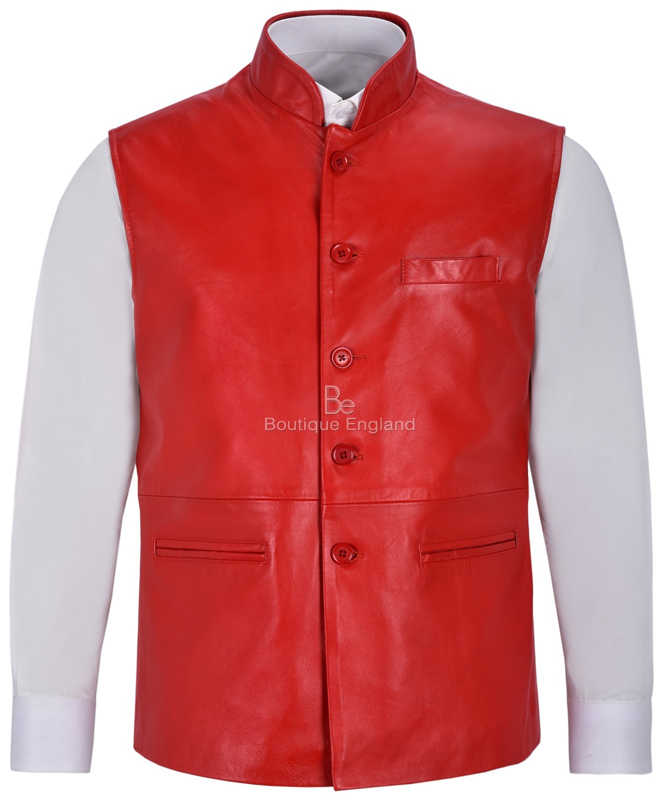 Chaleco de cuero para hombre rojo cuello mandarín chaleco étnico indio Real Napa 3946
