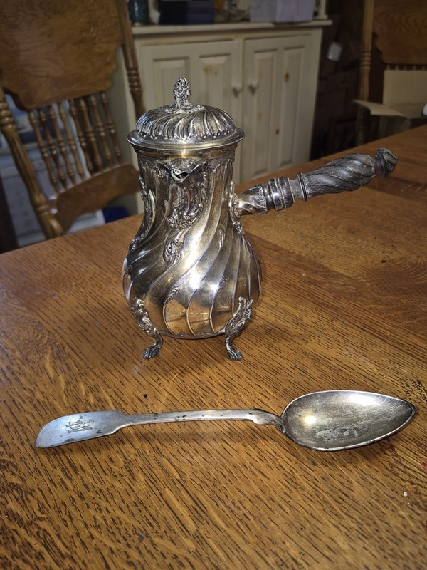 Antique French Sterling Silver Chocolate Pot & serving spoon 440 Grams w/handle