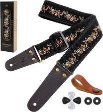 Nefelibata Guitar Strap, Flower Embroidery Guitar Straps with Head Cowhide Leath