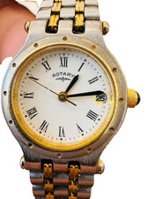 Rotary 4865 Ladies Two Tone Vintage Quartz Watch Date Magnifier Blue Cabochon