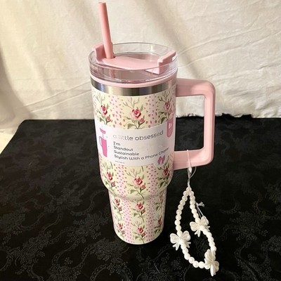 A Little Obsessed Tumbler 40oz Cup Pink Roses Floral Wallpaper w/ Charm Coquette