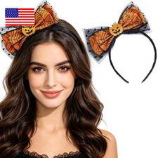 Halloween Pumpkin Headband Orange Lace Bow Headband for Women Girls