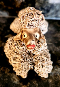Vintage Mid Century Spaghetti Ceramic Tan Poodle Figurine   3" H 3&1/2" H