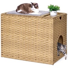 Cat Litter Box Enclosure with Litter Trapping Mat; Handwoven Plastic Rattan C...