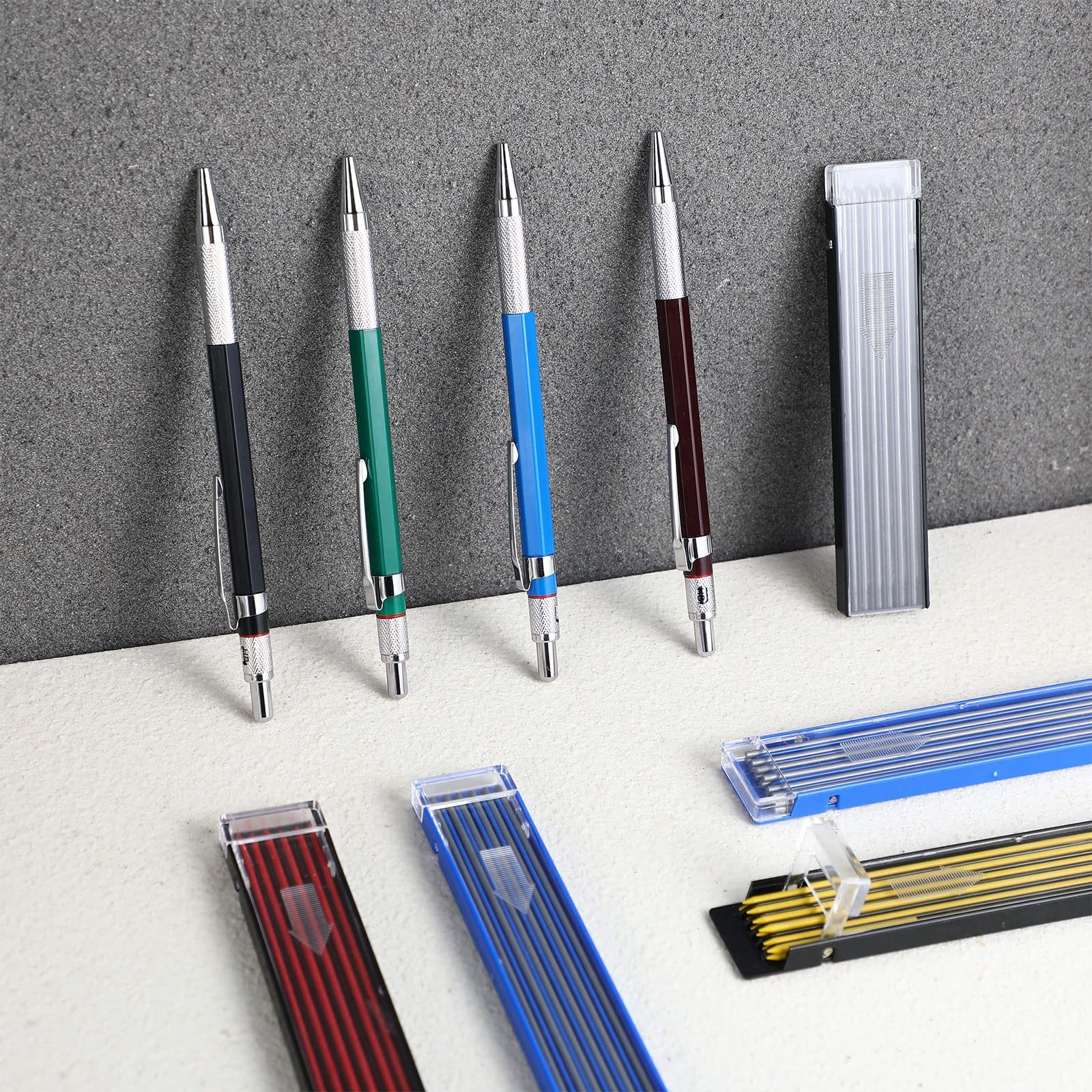 4 Pieces Welder Pencil with 60 Pieces Round Refills Mechanical Pencil Metal M...