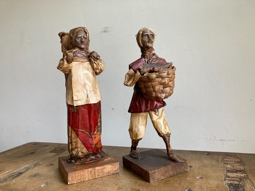 Vintage Pair Handcrafted Mounted Composite Mexican Folk Art Villager Figurines - Picture 8 of 21