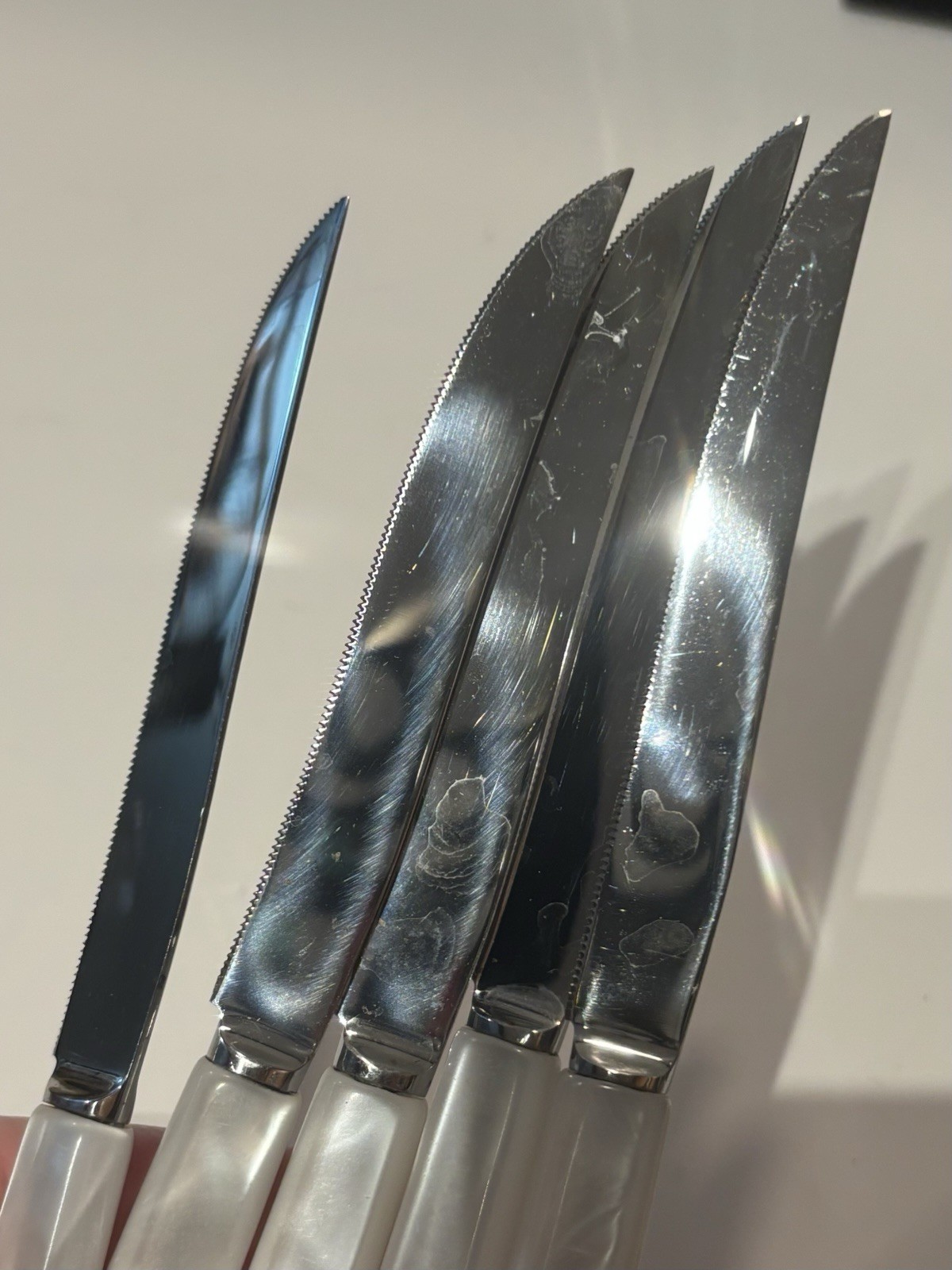 x 11 Vintage KalMar Knives Faux Mother of Pearl Opalescent Handles + Racks As Is