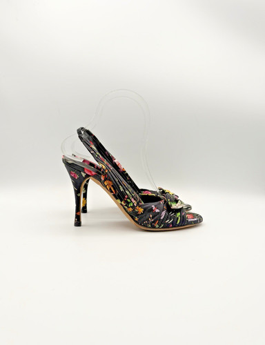 Gucci Black Satin Floral Slingback Heels Peep Toe Bow Accent Size EU 36