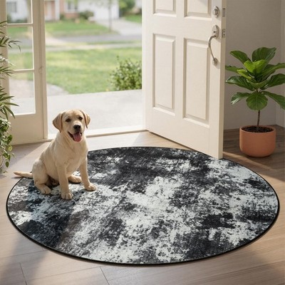 Merelax 4ft Round Black Abstract Area Rug, Washable Non Slip