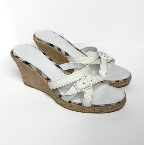Burberry Sz 40 White Nova Check Espadrilles Wedge Sandals Platform Shoes Italy