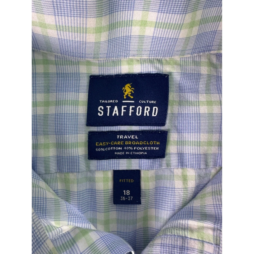 Camisa de vestir ajustada de tela ancha de viaje Stafford para hombre 18 36-37 a cuadros fácil cuidado Foto 3 de 4