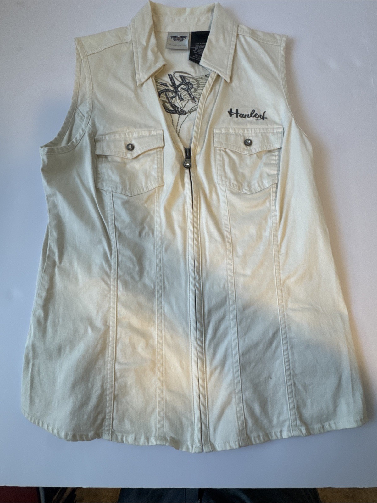 Harley-Davidson Womens White Sleeveless Zip-Up Shirt Medium Embroidered