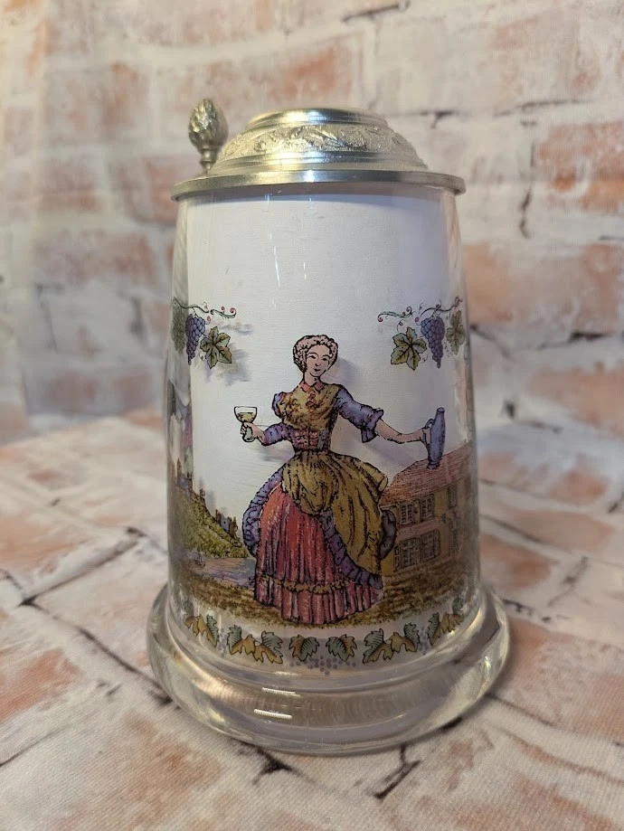 Винтажная немецкая оловянная стеклянная крышка для пива J. Gerz «Wein Trinker» для виноградника - Изображение 2 из 4